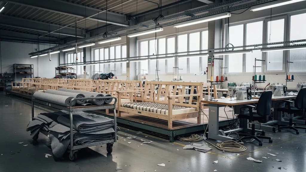 Leere Produktionshalle einer Polstermöbelfabrik mit unfertigen Sofagestellen, grauen Stoffrollen und Nähmaschinen.