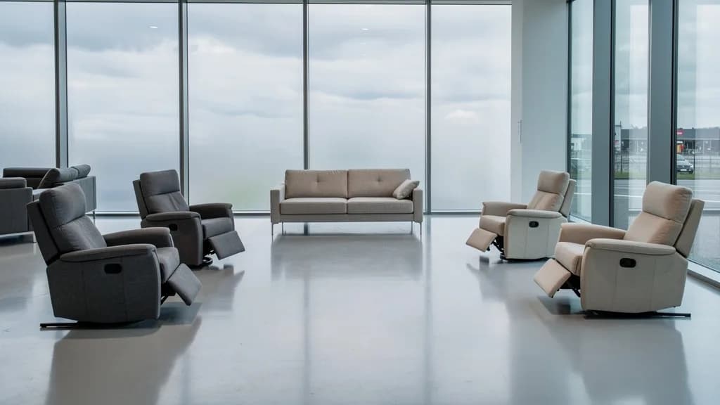 Fast leerer moderner Möbelausstellungsraum mit grauen und beigen Relaxsesseln und einem Stoffsofa vor großen Fenstern.