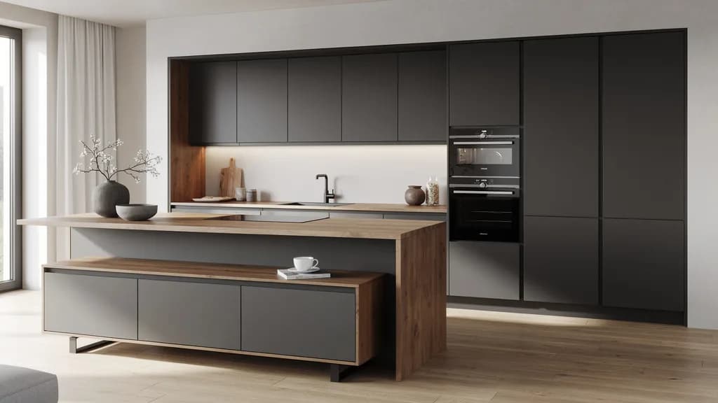 Grifflose Küchenzeile mit matten anthrazitfarbenen Fronten und Eichen-Arbeitsplatte, davor ein niedriges Sideboard im gleichen Farbton.