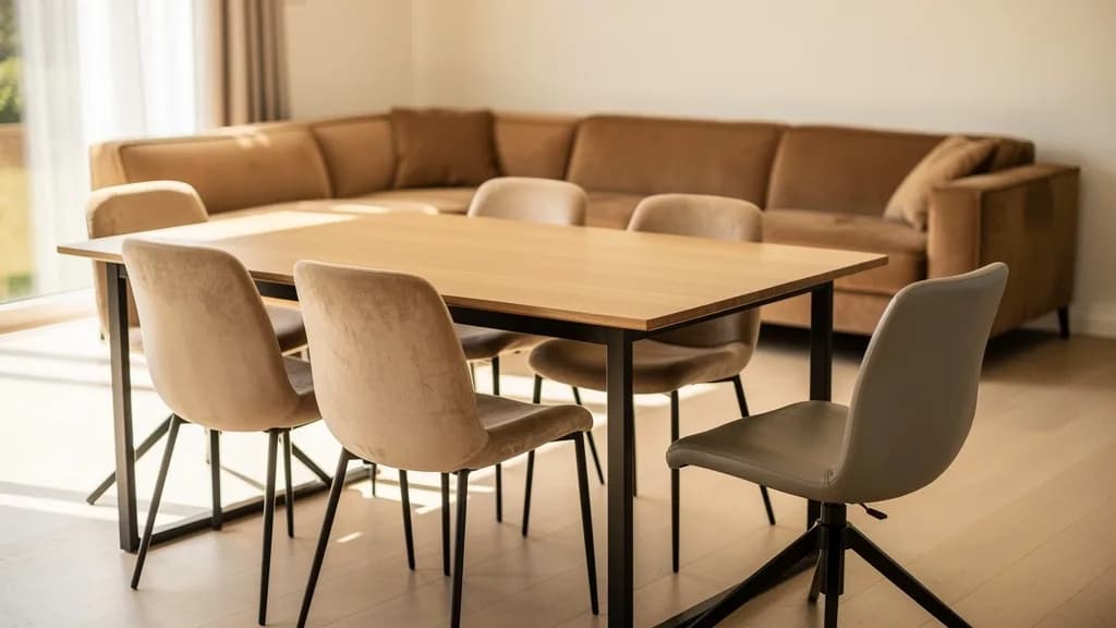 Eichenholz-Esstisch mit schwarzem Metallgestell, beige Samt-Polsterstühle und ein grauer Drehstuhl vor einem taupefarbenen Ecksofa.