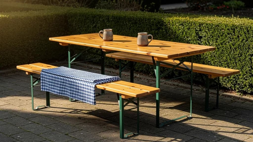 Bierzeltgarnitur aus Kiefernholz mit grünem Klappgestell auf einer Terrasse, dazu karierter Läufer und zwei Steinkrüge.