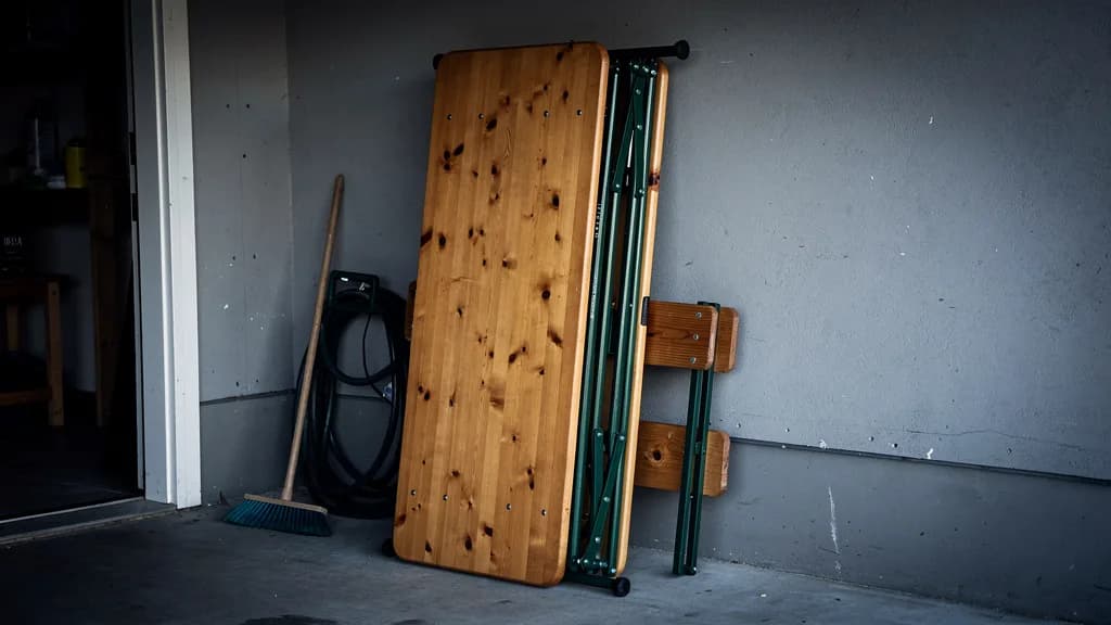 Zusammengeklappte Bierzeltgarnitur steht hochkant an einer Garagenwand, daneben Besen und aufgerollter Gartenschlauch.
