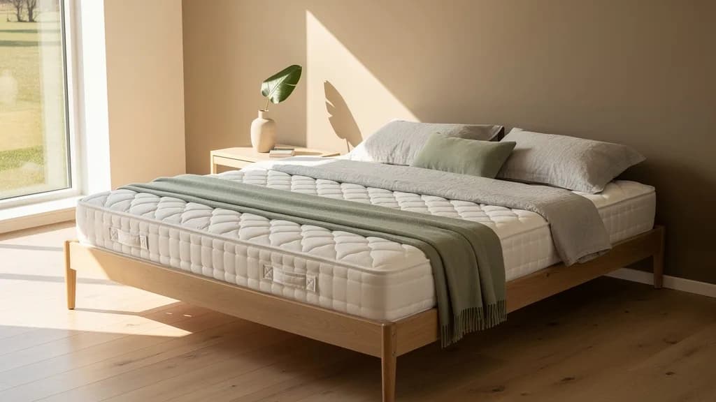 Weiße Steppmatratze auf einem hellen Eichenbett mit grauer Bettwäsche und salbeigrünem Plaid im morgenhellen Schlafzimmer.