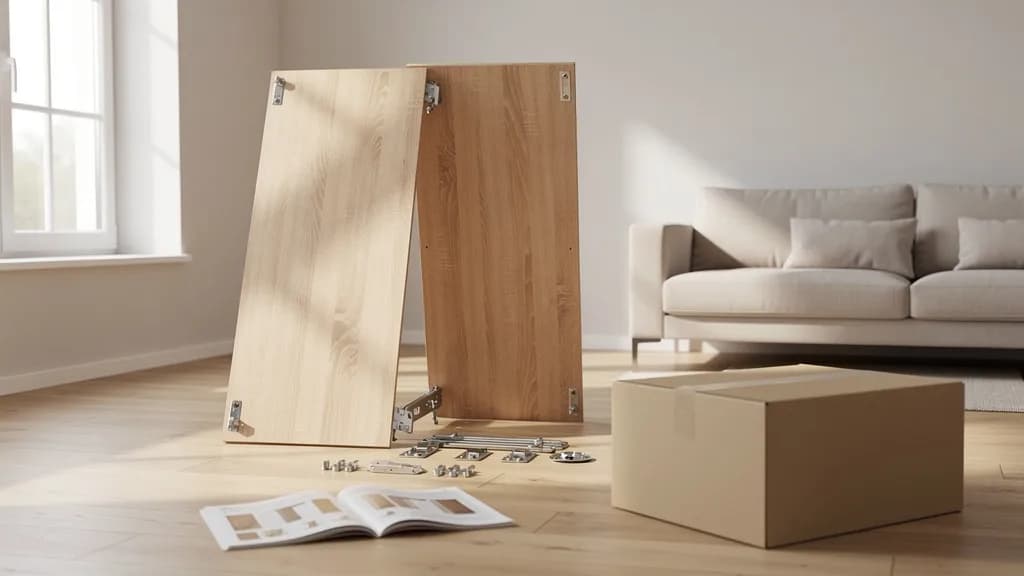 Zwei helle Holz-Schrankteile lehnen im Wohnzimmer neben Versandkarton, Beschlägen und Aufbauanleitung.