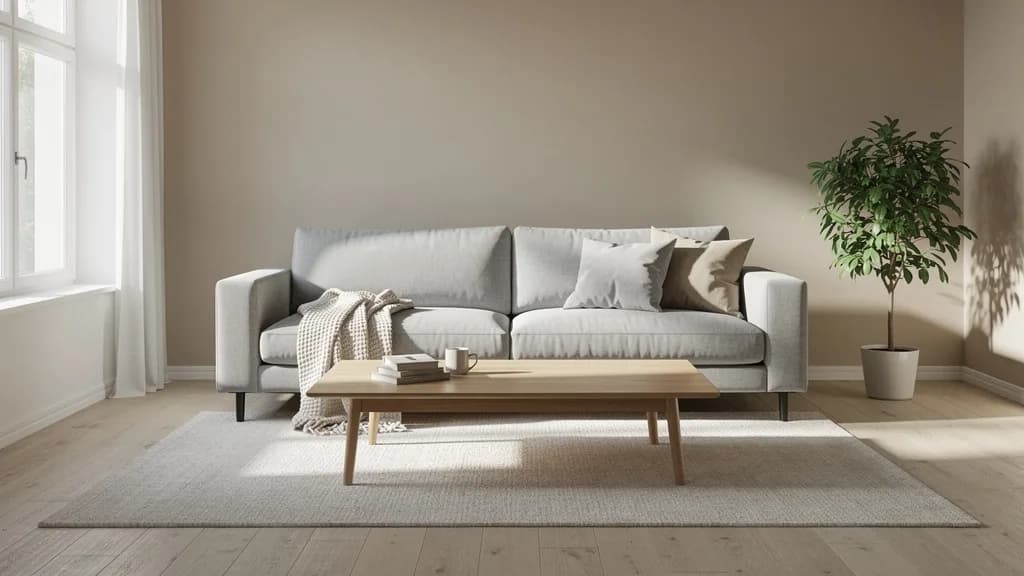 Hellgraues Dreisitzer-Sofa mit Strickdecke und Kissen vor beiger Wand, Eichen-Couchtisch und Zimmerpflanze im hellen Wohnzimmer.