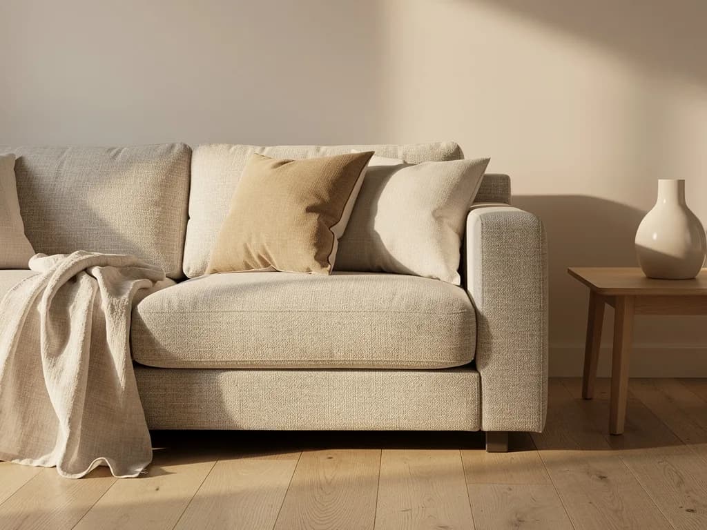 Beiges Sofa aus Strukturstoff mit Leinenkissen und Plaid im warmen Sonnenlicht, daneben ein Beistelltisch aus Eiche mit weißer Vase.