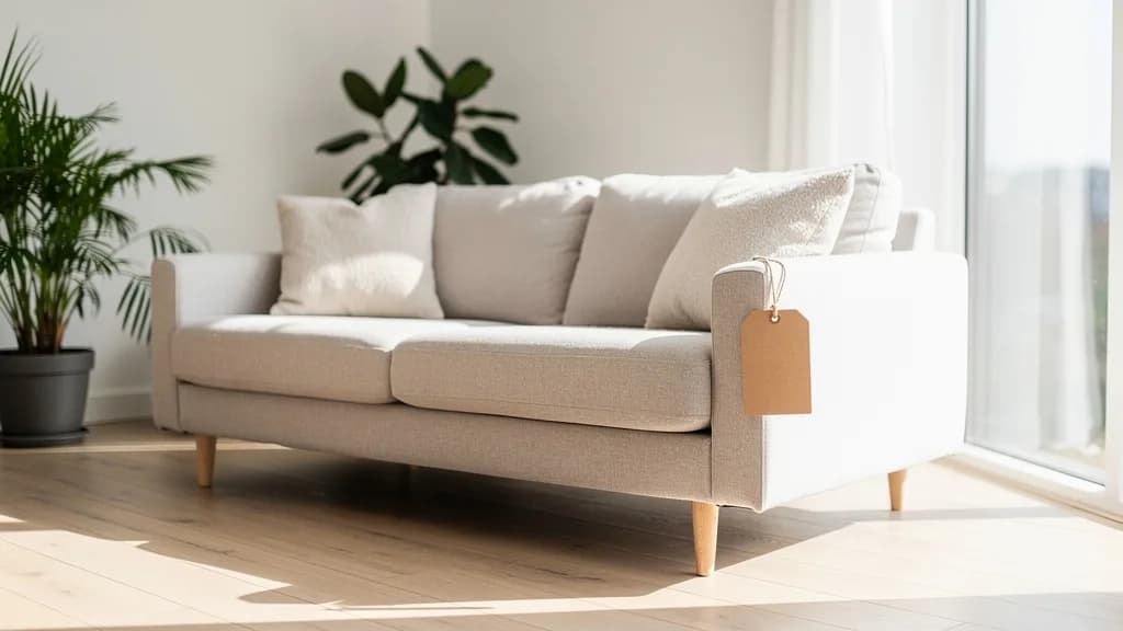 Helles Wohnzimmer mit beigem Zweisitzer-Stoffsofa in Sommersonne und einem leeren Kraftpapier-Preisschild an der Armlehne.