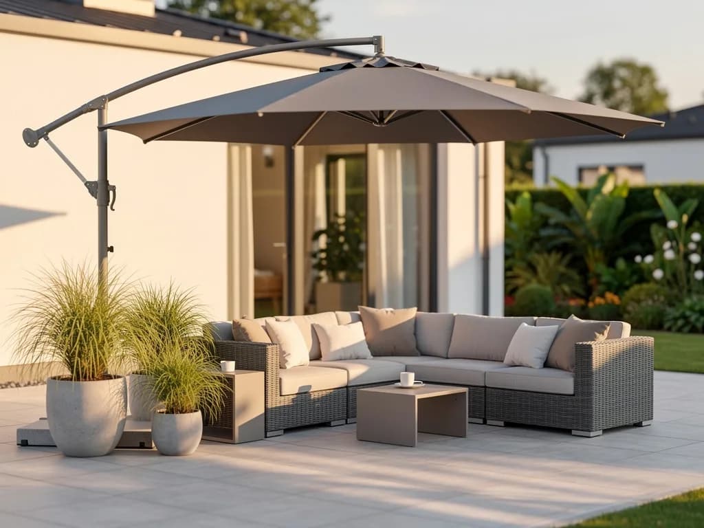 Grauer Ampelschirm spannt sich über eine graue Rattan-Loungegruppe mit hellen Kissen auf einer modernen Terrasse.