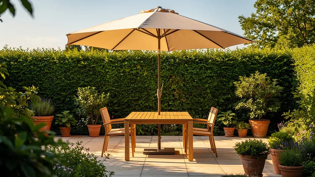 Beiger Marktschirm über einem Holztisch mit zwei Stühlen auf einer sonnigen Gartenterrasse vor grüner Hecke.