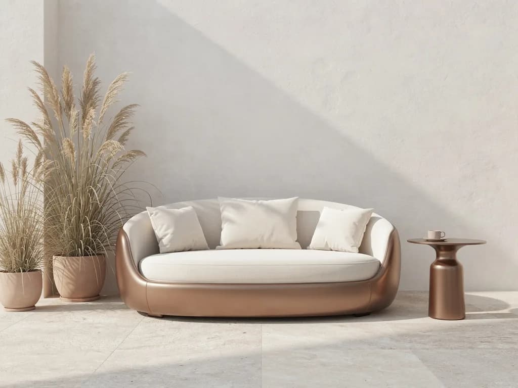 Rundes organisch geformtes Gartensofa in Bronze mit cremeweißen Kissen vor einer warmweißen Wand.