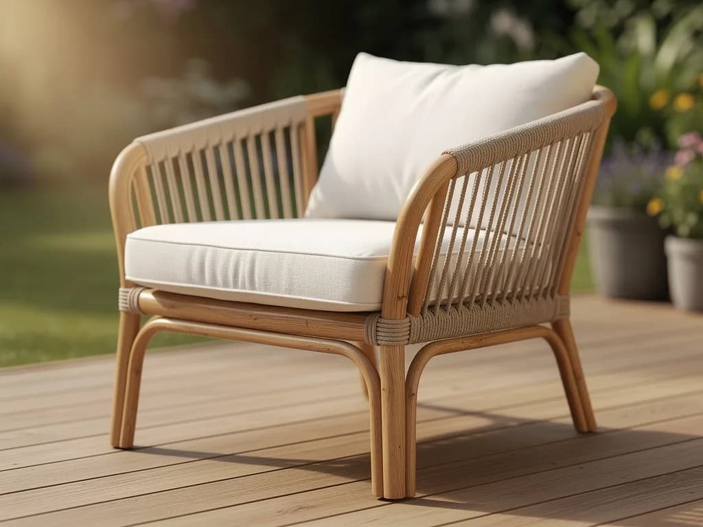 Gartensessel mit Rahmen aus Bambus und geflochtenen Seildetails und cremeweißem Sitzkissen auf einem Holzdeck.
