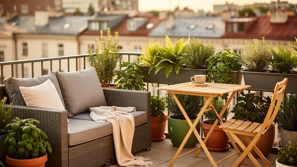 Gemütlicher Stadtbalkon mit grauem Polyrattan-Loungesofa, klappbarem Holztisch und vielen Kräutertöpfen im warmen Abendlicht.