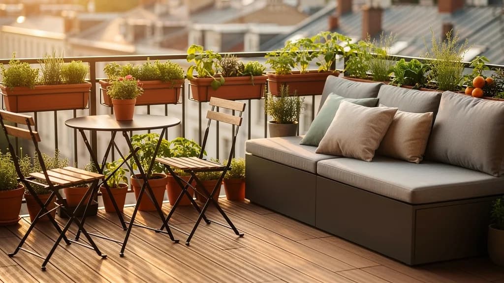 Kleiner Stadtbalkon mit klappbarem Bistro-Set, grauer Loungebank und Kräutern in Terrakottakästen im warmen Abendlicht.