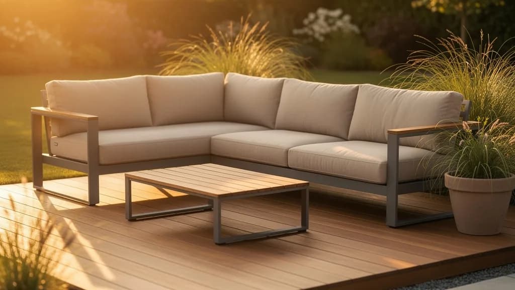Modulare Garten-Lounge aus grauem Aluminium mit Holzarmlehnen und beigen Polstern auf einer gemütlichen Holzterrasse im Abendlicht.