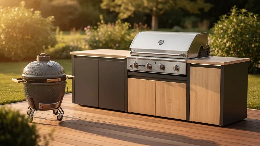 Modulare Outdoor-Küche in Anthrazit und Eiche mit Edelstahl-Gasgrill und Keramikgrill auf einer Holzterrasse im Abendlicht.
