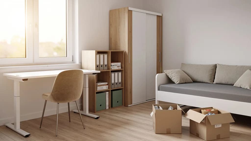 Studentenzimmer mit weißem höhenverstellbarem Schreibtisch am Fenster, Würfelregal, Schwebetürenschrank und Daybett neben halb ausgepackten Umzugskartons.