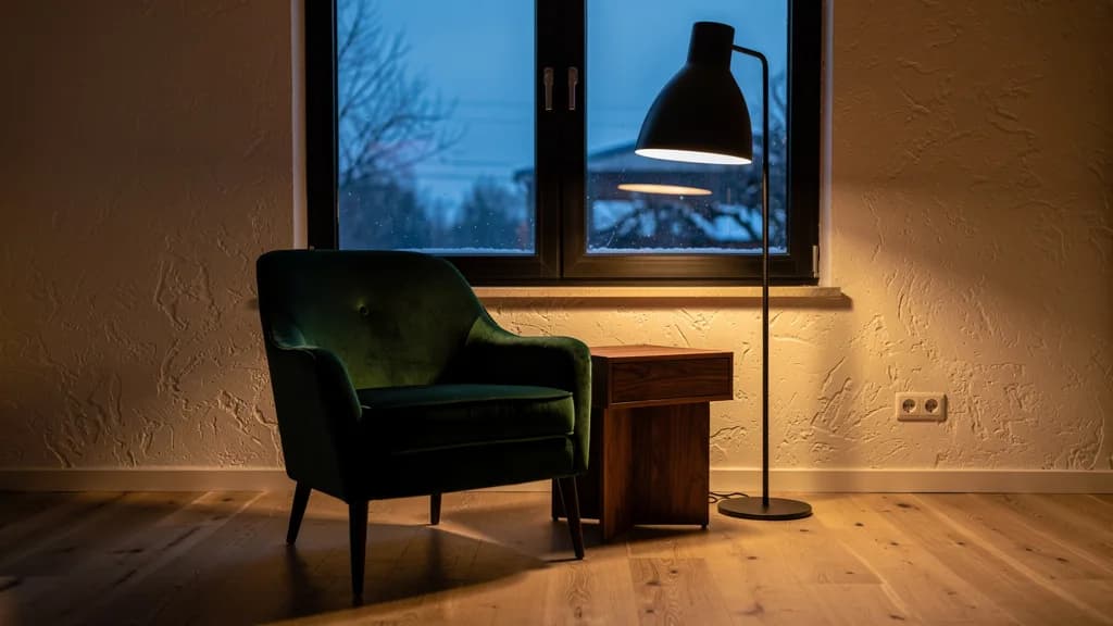 Dunkelgrüner Samtsessel und Nussbaum-Beistelltisch im warmen Licht einer schwarzen Stehleuchte vor winterblauem Fenster.