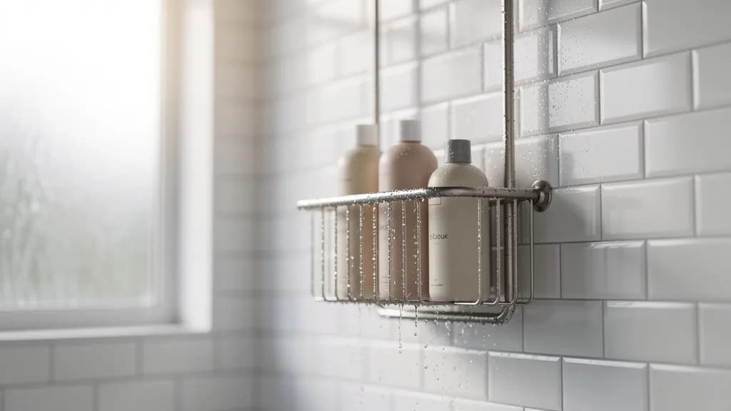 Gebürstetes Edelstahl-Duschregal an weißer Fliesenwand mit Shampooflaschen und Wassertropfen.