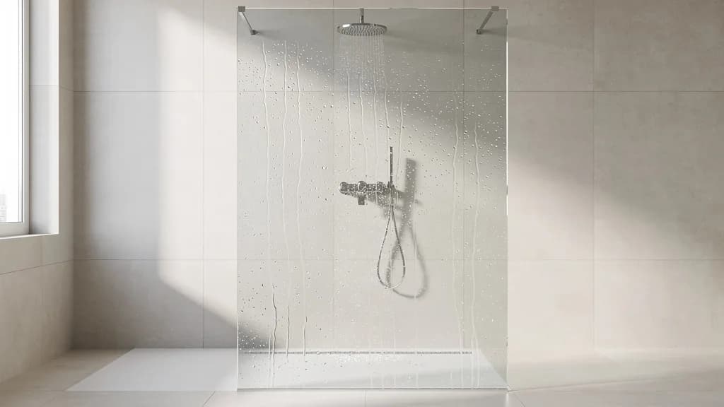 Rahmenlose Glasduschwand mit Wassertropfen vor beigefarbenen Fliesen und verchromter Regendusche in einem hellen Bad.