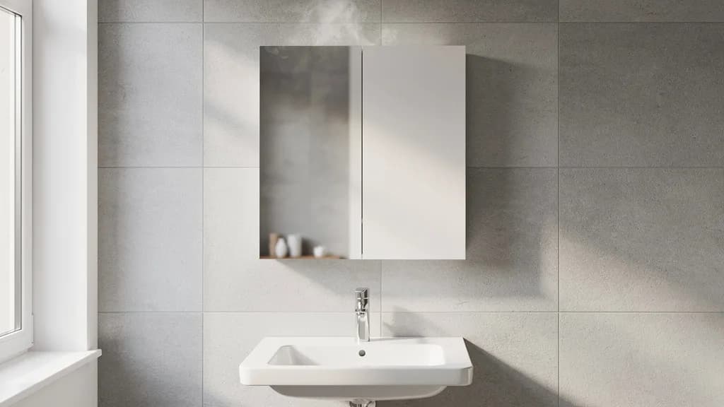 Weißer Hängeschrank mit Spiegeltür über einem Waschbecken in einem hellen, gefliesten Bad, während leichter Wasserdampf aufsteigt.
