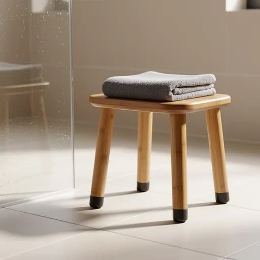Bambus-Badhocker mit schwarzen Gummifüßen und gefaltetem grauem Handtuch neben der Glasdusche auf hellen Fliesen.