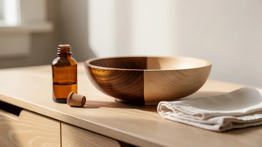 Holzschale zur Hälfte frisch geölt und dadurch dunkler, daneben eine Ölflasche mit Korken und ein Baumwolltuch.