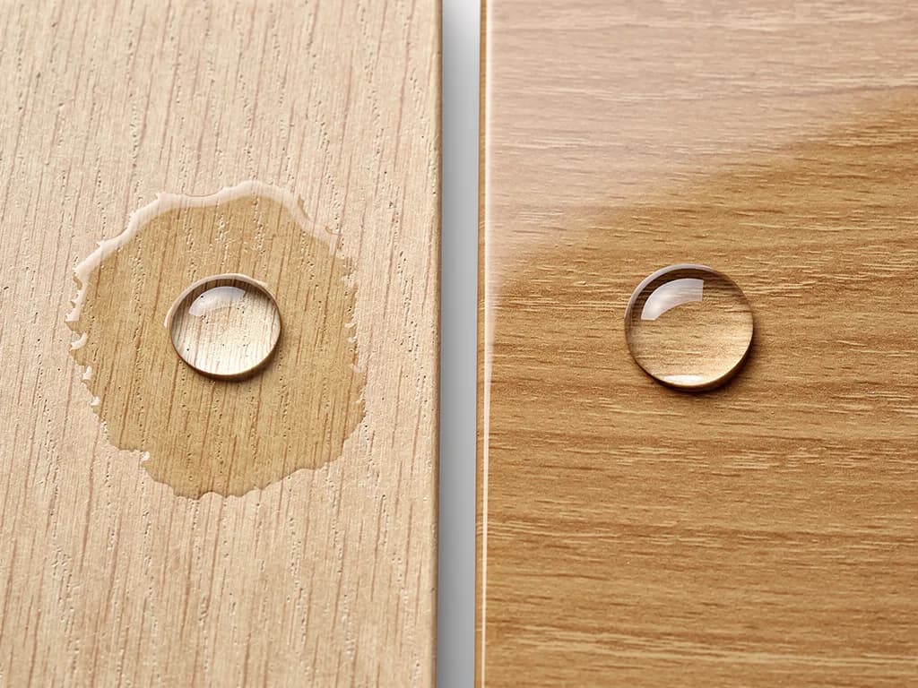 Wassertropfen auf unbehandeltem Holz zieht links ein, rechts perlt er auf einer versiegelten Oberfläche ab.