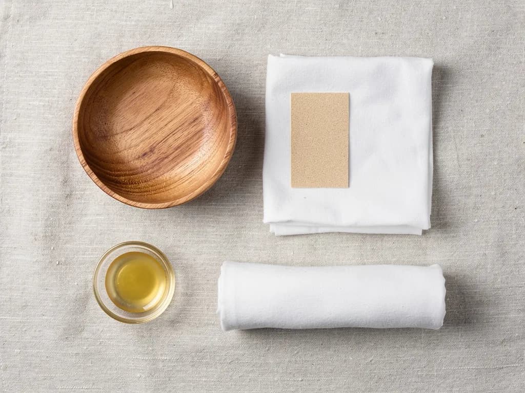 Flatlay mit Akazienholzschale, Schleifpapier, zwei weißen Baumwolltüchern und einem Glasschälchen Leinöl.