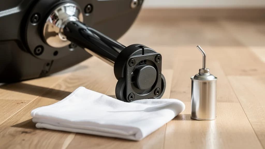 Bürostuhl-Mechanik in Nahaufnahme mit verchromter Achse, daneben ein weißes Tuch und eine schlichte Ölkanne.