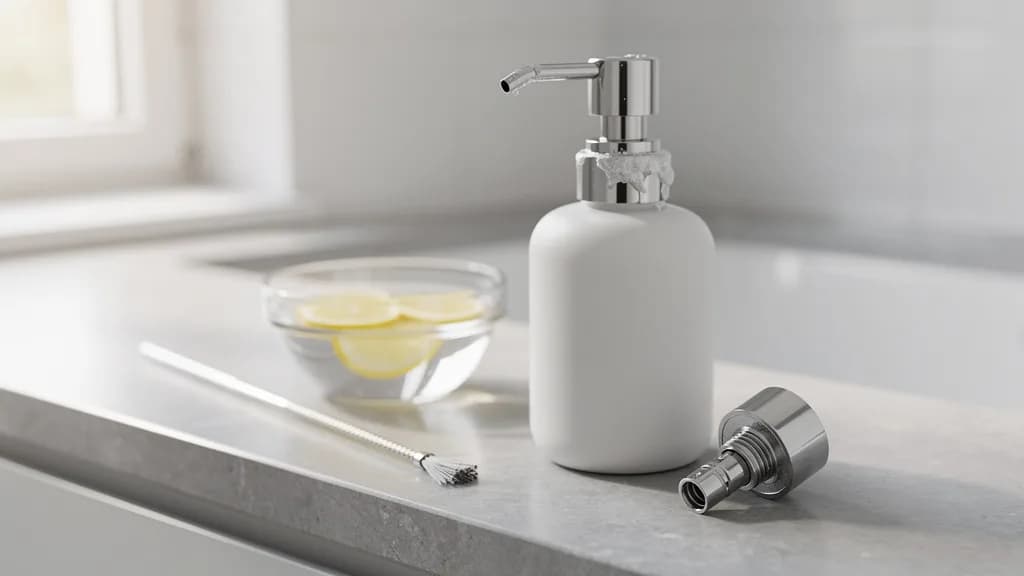 Weißer Keramik-Seifenspender mit Kalkrand am Pumpkopf, daneben eine Glasschale mit Zitronenwasser und eine Reinigungsbürste auf der Steinablage.