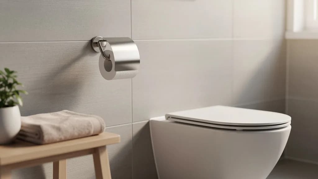 Gebürsteter Edelstahl-Toilettenpapierhalter mit Deckel an hellgrauen Fliesen neben einem weißen Wand-WC.