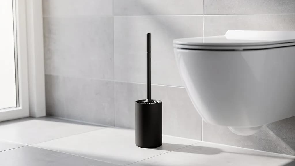 Mattschwarze WC-Bürste in einem schlanken Standhalter neben einem weißen Wand-WC auf hellgrauen Fliesen.