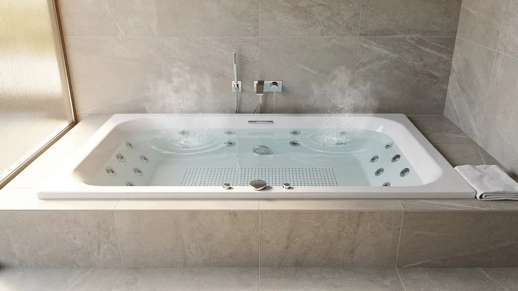 Weiße Whirlpool-Badewanne mit sichtbaren Wasserdüsen an der Seitenwand und Luftdüsen im Wannenboden vor grauen Steinfliesen.
