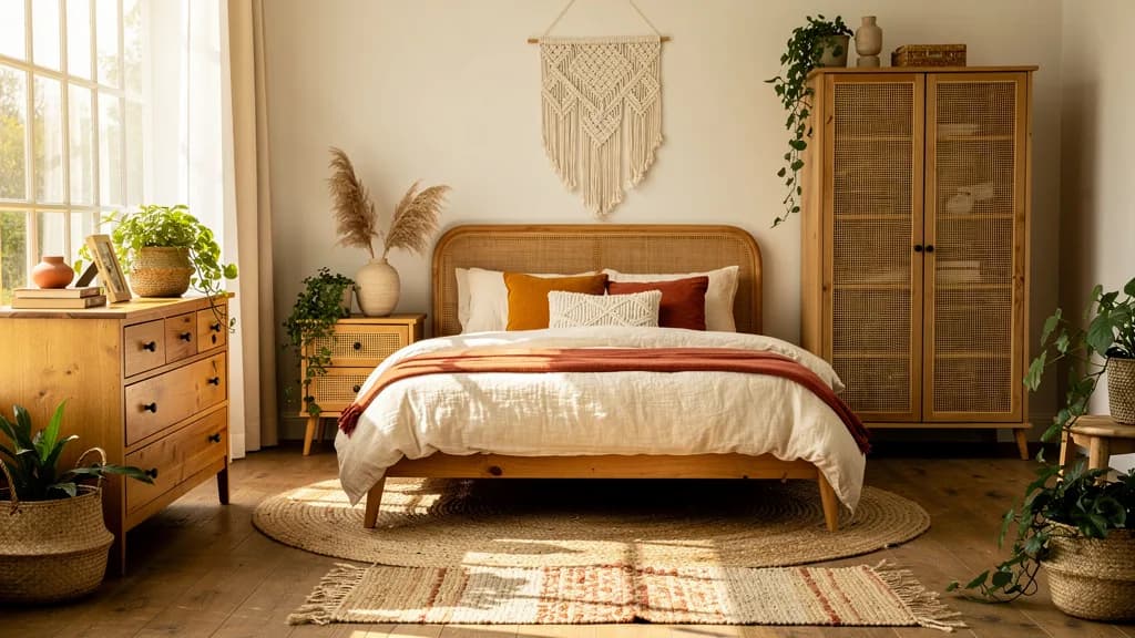 Boho Schlafzimmer mit Rattan-Bett, cremefarbener Bettwäsche, Mangoholz-Kommode und rundem Juteteppich.
