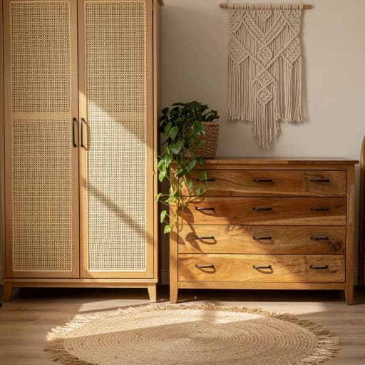 Kleiderschrank mit Rattan-Türen neben einer Mangoholz-Kommode und einem runden Juteteppich.