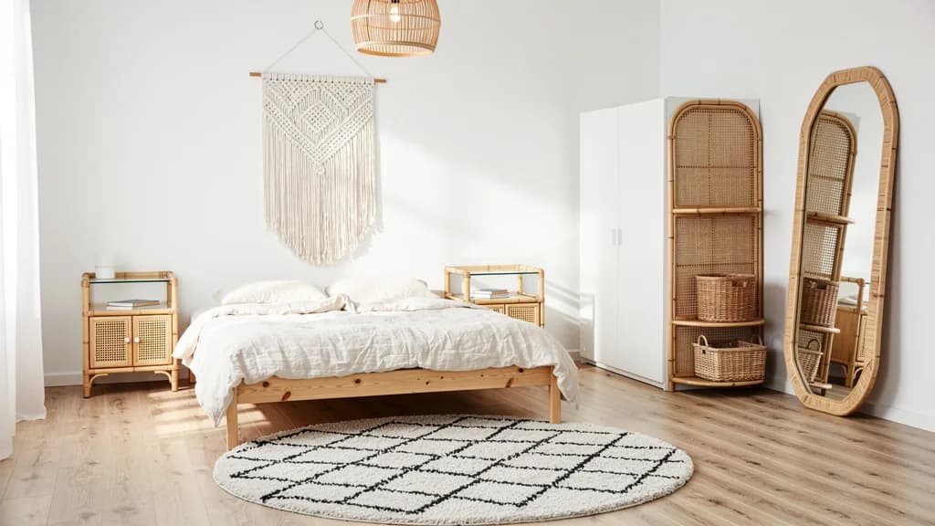 Boho-Schlafzimmer mit niedrigem Kiefernbett, Makramee-Behang über dem Bett und rundem Rautenteppich