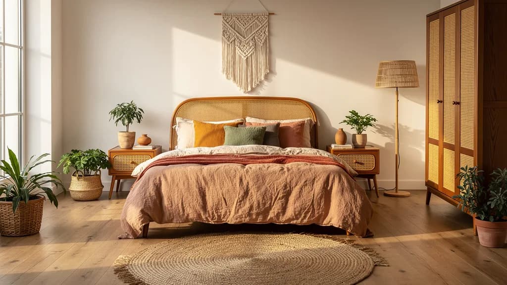 Boho Schlafzimmer mit Rattan-Bett, Makramee-Wandbehang, zwei Rattan-Nachttischen, Juteteppich und Rattan-Kleiderschrank in warmen Sandtönen.
