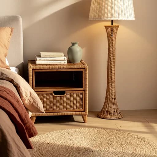 Rattan-Nachttisch mit offenem Fach, Büchern und Keramikvase neben einer Rattan-Stehlampe, davor ein runder Juteteppich.