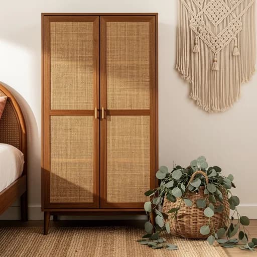 Brauner Kleiderschrank mit Rattan-Türen neben einem Makramee-Wandbehang, daneben eine Hängepflanze in einem geflochtenen Korb.
