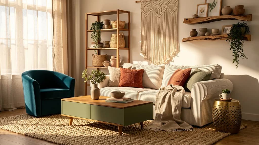 Boho Wohnzimmer mit cremefarbenem Cord-Sofa, petrolfarbenem Sessel, grünem Couchtisch und Eichenregal mit Körben und Pflanzen.