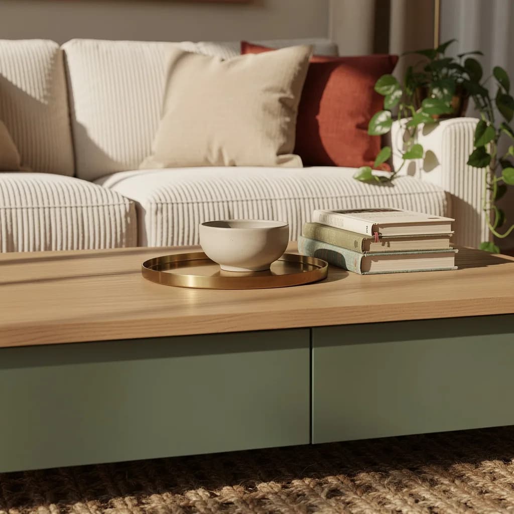 Detail des grünen Couchtischs mit Eichenplatte, Messingtablett, Keramikschale und Büchern vor dem cremefarbenen Cord-Sofa.