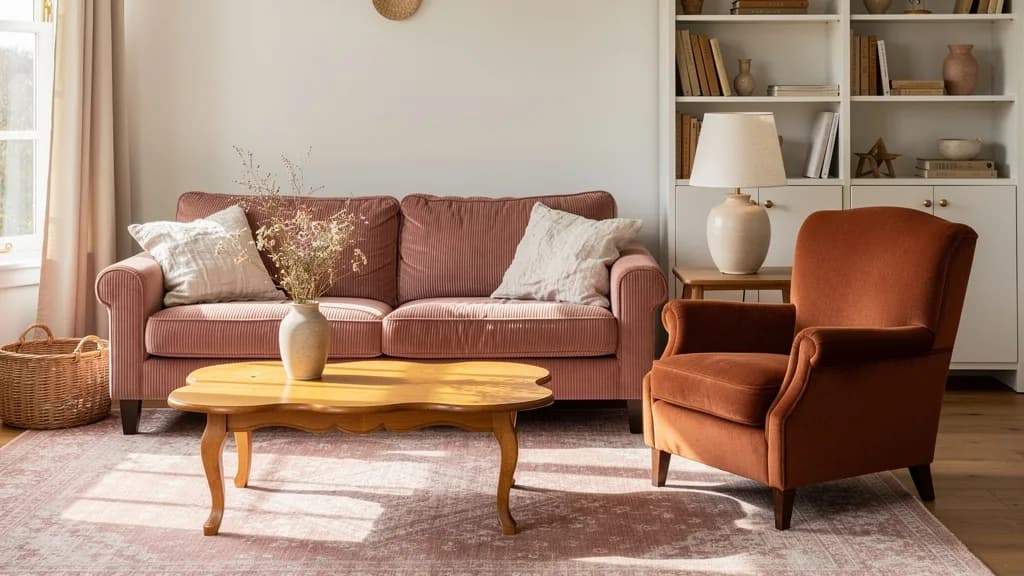 Gemütliches Cottagecore Wohnzimmer mit altrosa Cord-Sofa, Terrakotta-Sessel und Mangoholz-Couchtisch über einem rosé Vintage-Teppich