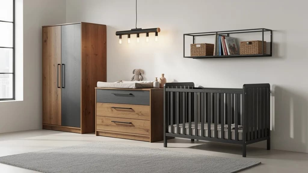 Gemütliches Industrial Babyzimmer mit Eiche-Anthrazit-Schrank, Wickelkommode, dunklem Gitterbett und schwarzem Metallregal über der Wand.