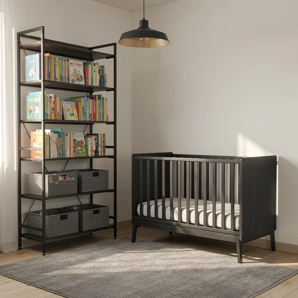Dunkles Gitterbett neben hohem schwarzem Metallregal mit Bilderbüchern und Körben, darüber eine Metall-Holz-Pendelleuchte.
