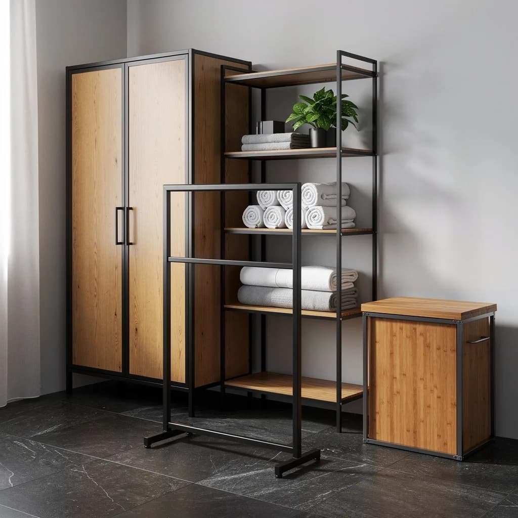 Hochschrank aus Eiche und Schwarz neben offenem Metallregal mit Handtüchern, davor Handtuchständer und Wäschekorb.