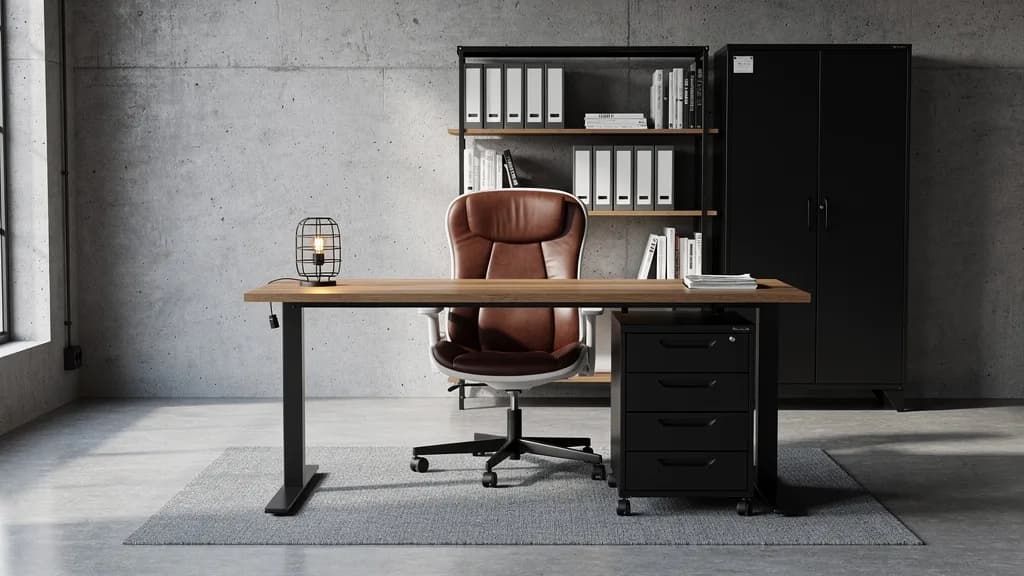 Industrial Büro mit höhenverstellbarem Schreibtisch, braunem Drehstuhl, schwarzem Aktenregal und Stahlschrank vor Betonwand.