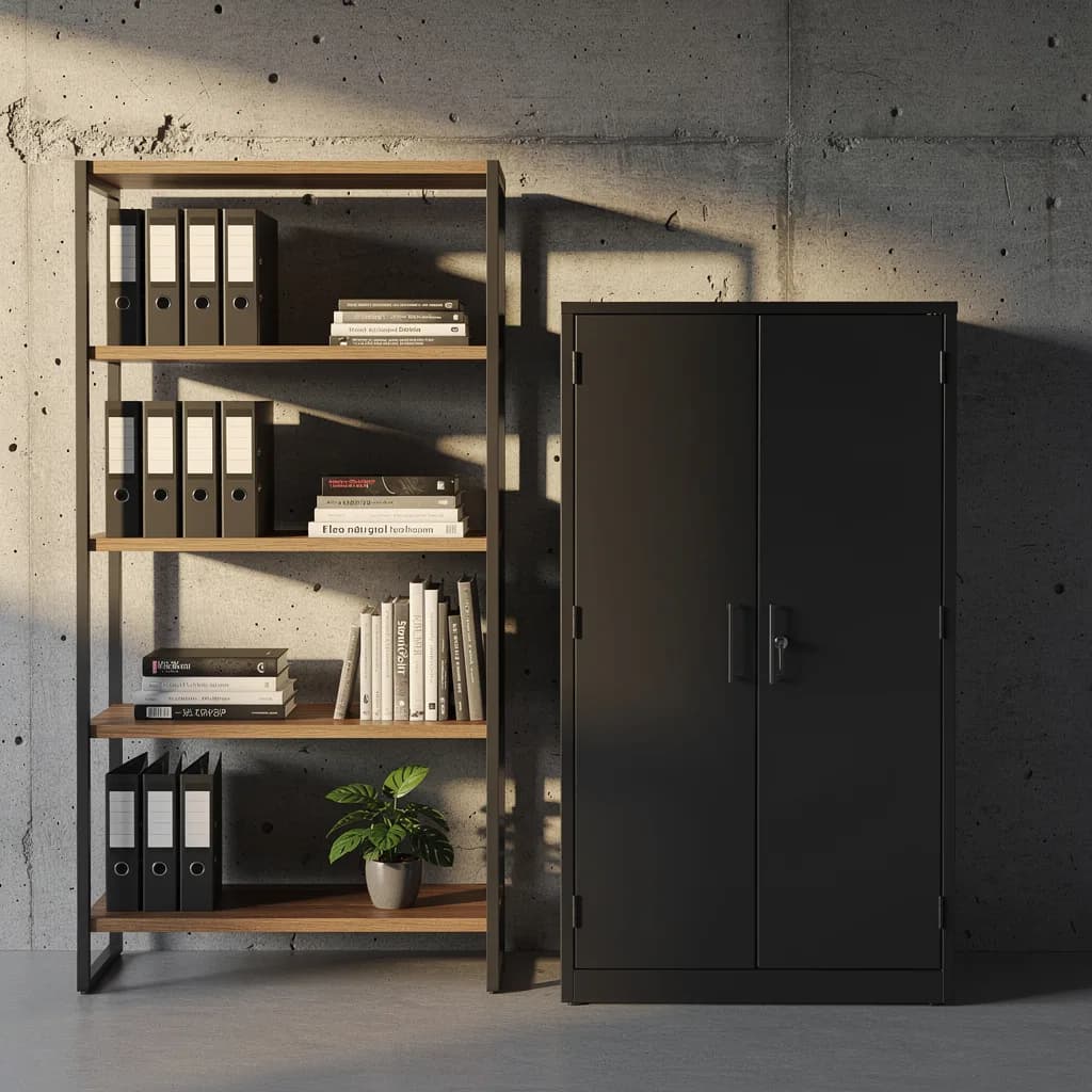 Schwarzes Metallregal mit Eichenböden, Ordnern, Büchern und Grünpflanze neben einem abschließbaren Stahlschrank.
