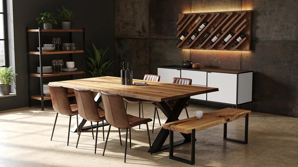 Industrial Esszimmer mit Wildeiche-Esstisch auf schwarzem X-Gestell, braunen Lederstühlen, Holzbank mit Baumkante und beleuchtetem Wand-Weinregal.