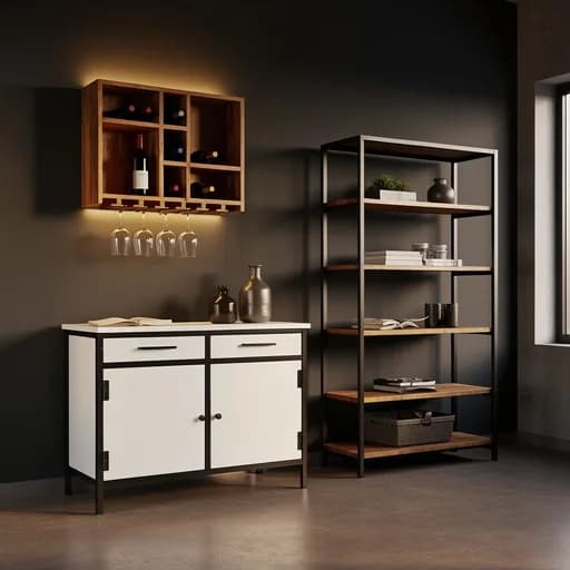 Weißes Sideboard mit schwarzem Metallgestell, offenes Stahlregal mit Holzböden und beleuchtetes Wand-Weinregal mit Gläserhalter.