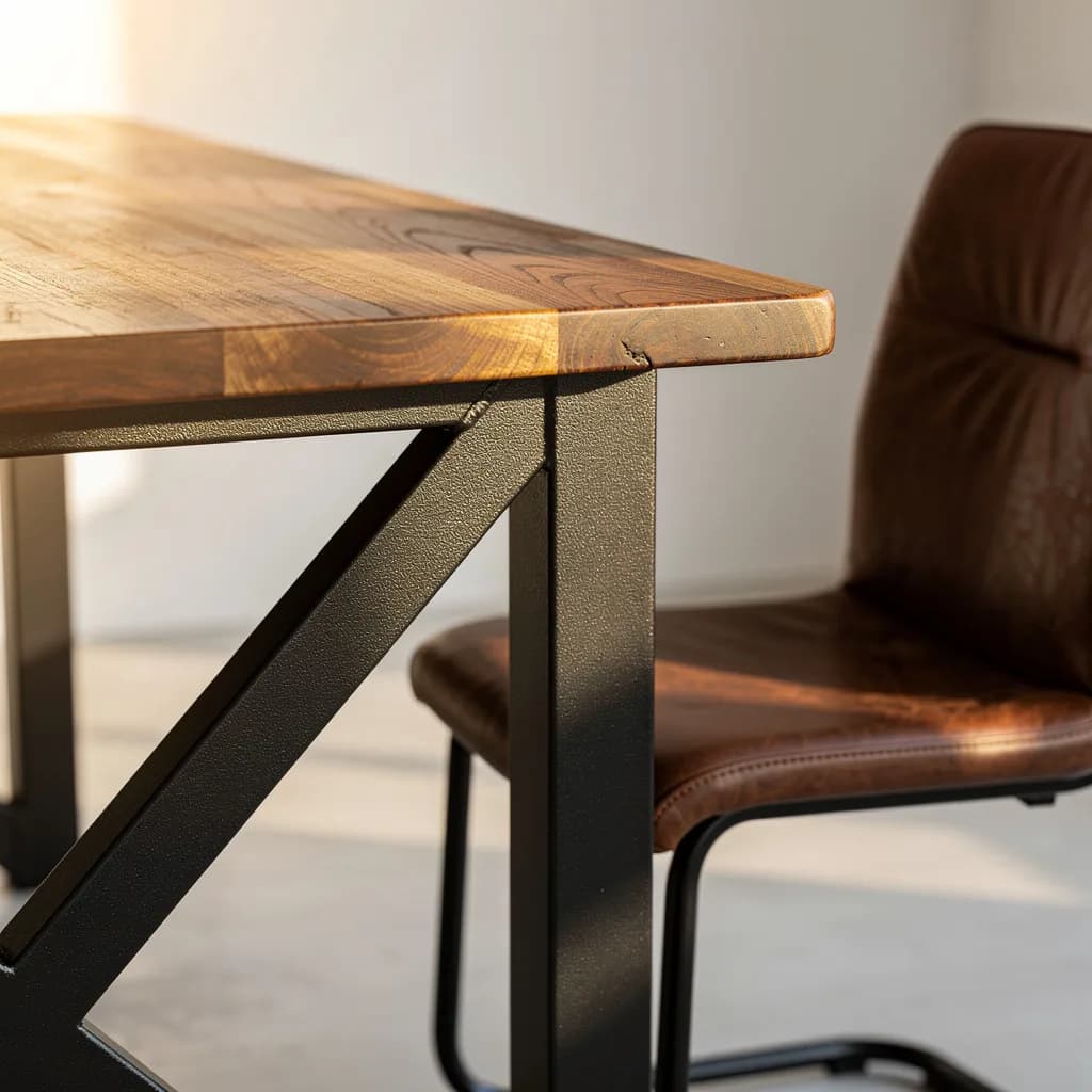 Nahaufnahme der Mangoholz-Tischplatte mit gebürstetem schwarzem Stahlgestell und braunem Freischwinger im Industrial-Stil.